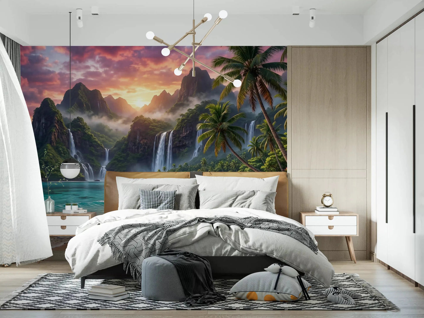 Soft bedroom scene with Island Waterfalls Wall Mural and layered white bedding, GD8926