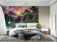 Soft bedroom scene with Island Waterfalls Wall Mural and layered white bedding, GD8926