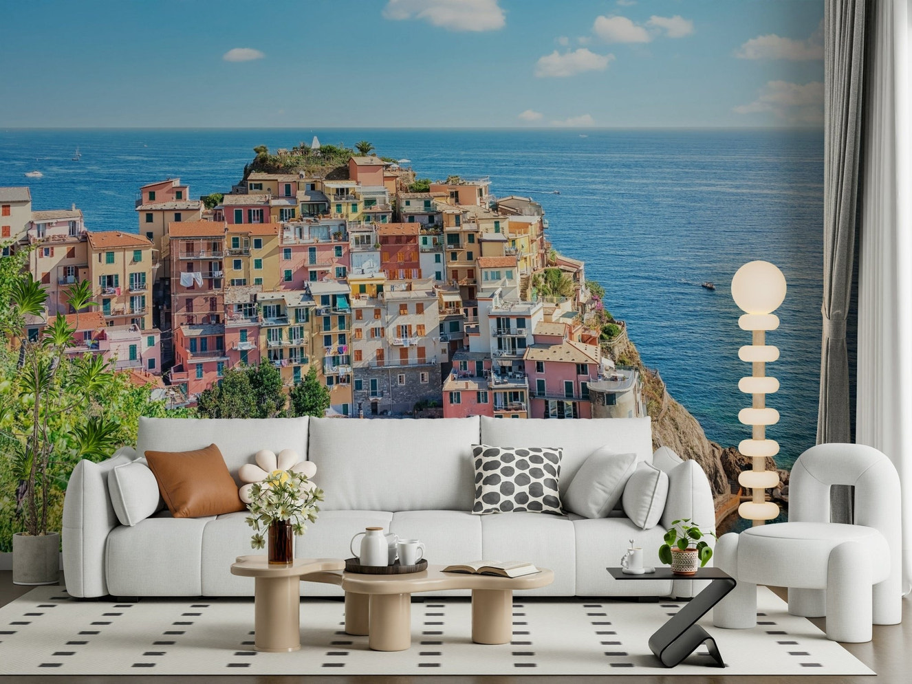 Modern sitting room styled with Italian Coastline Charm Wall Mural by the blue coast