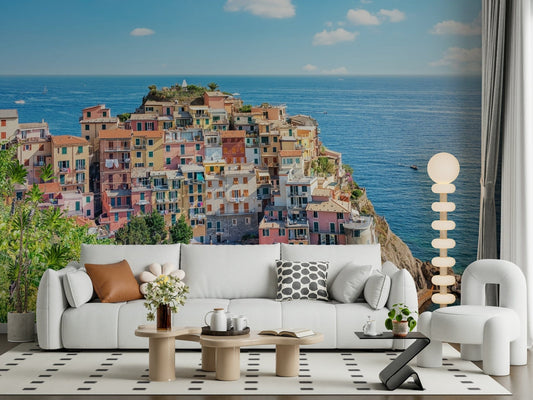 Modern sitting room styled with Italian Coastline Charm Wall Mural by the blue coast
