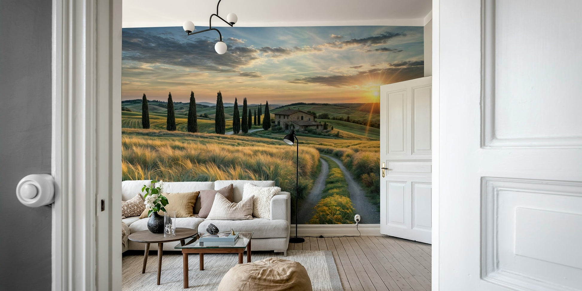 Rolling hills are colored in soft shades of gold and green.

