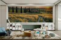 Shadows are long and soft, extending from the trees and buildings.

