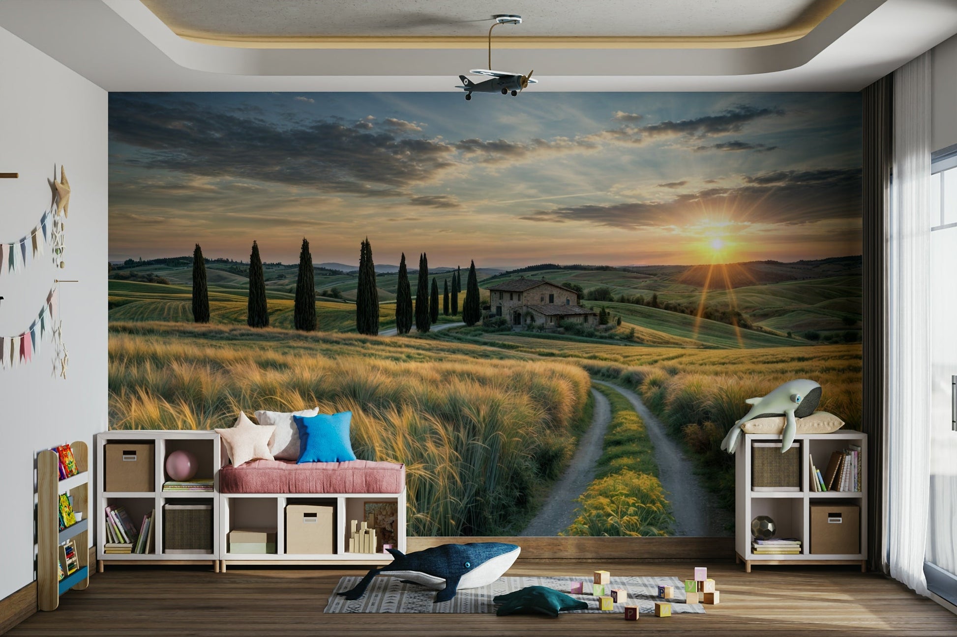 The sun sets, filling the sky with warm orange and pink light.

