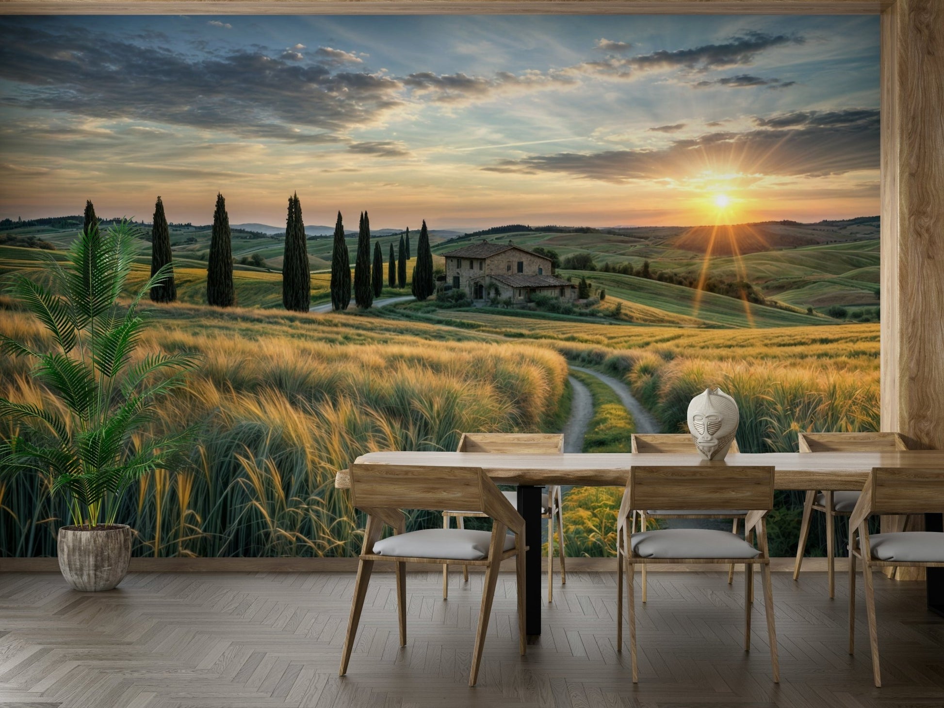 A small, traditional farmhouse sits on a hill.

