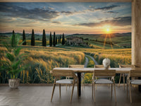 A small, traditional farmhouse sits on a hill.

