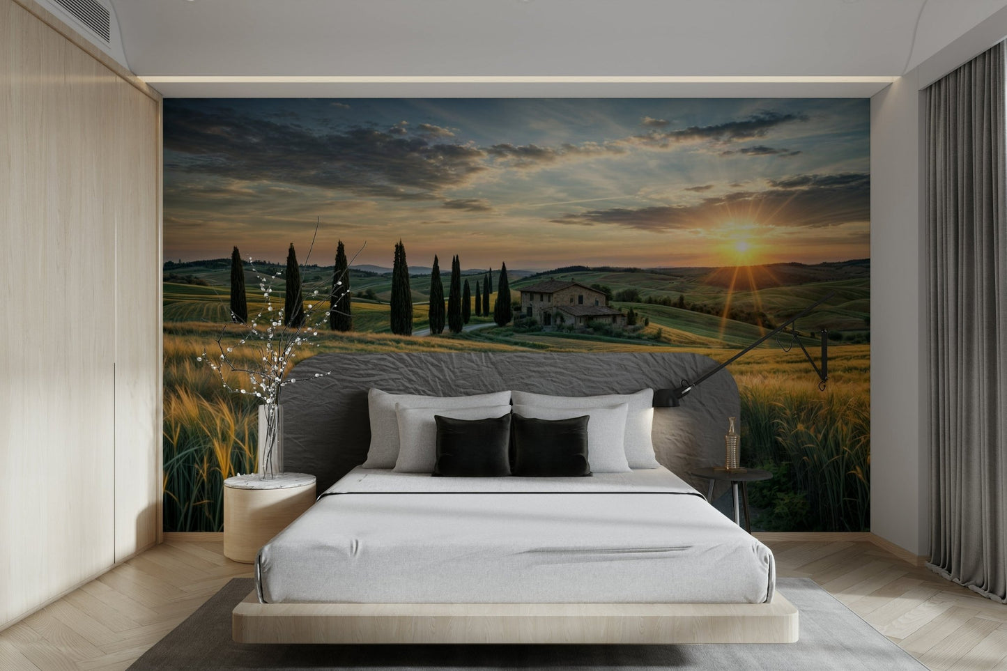 Tall, slender cypress trees stand out against the sky.

