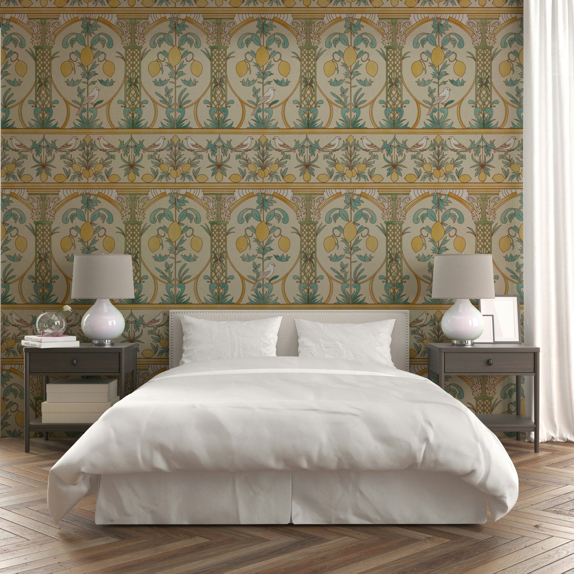 Italian Lemon Garden Mediterranean Elegance wallpaper featuring lemons, birds, and scrollwork GD4929
