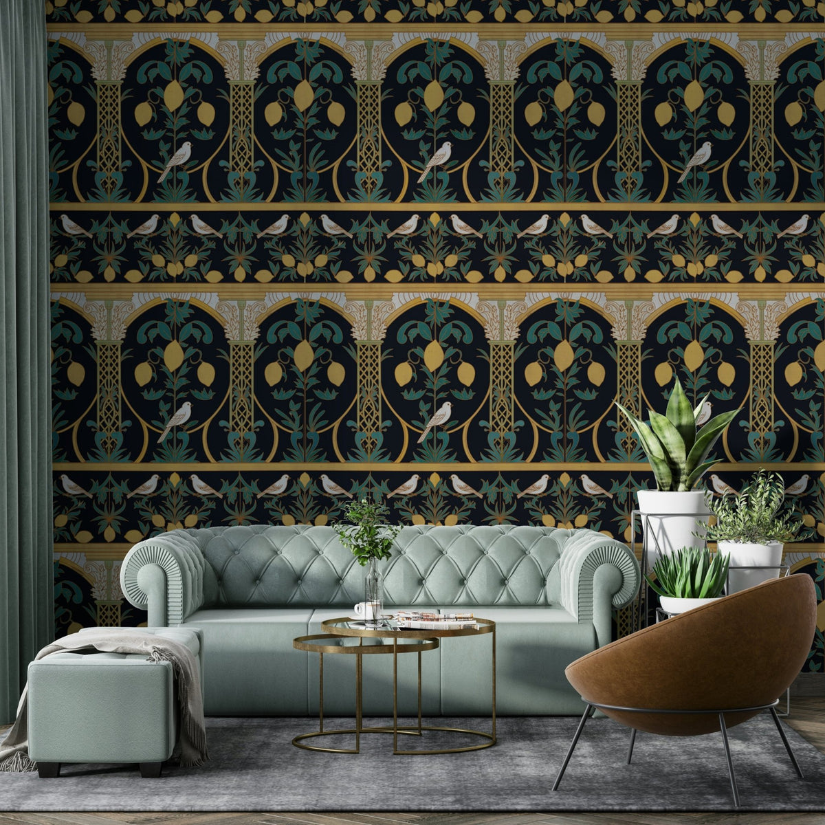 Italian Lemon Garden Mediterranean Elegant Night wallpaper featuring gold lemons on deep navy GD4930
