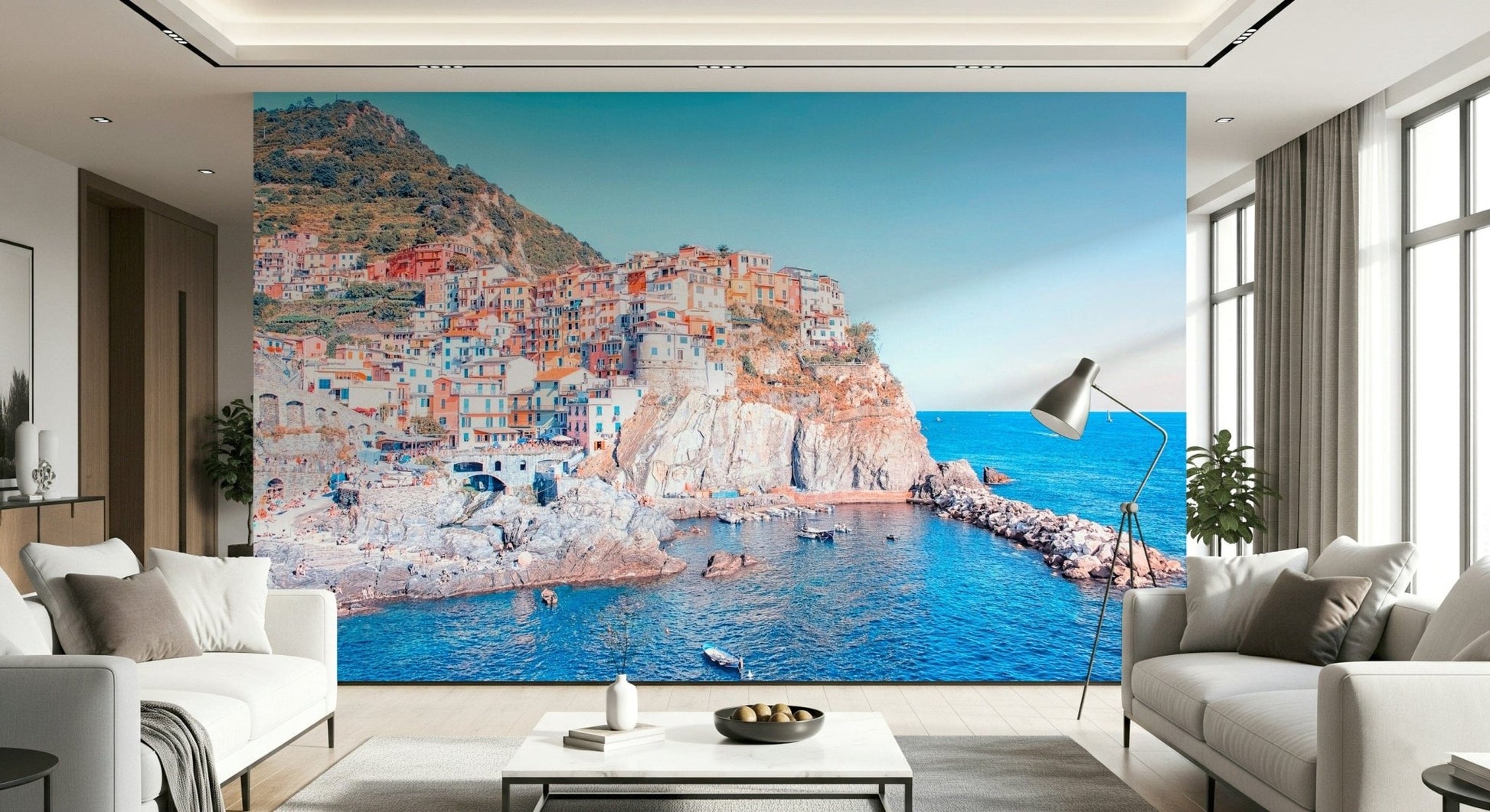 Vibrant Italian Village wall mural overlooking deep blue sea.