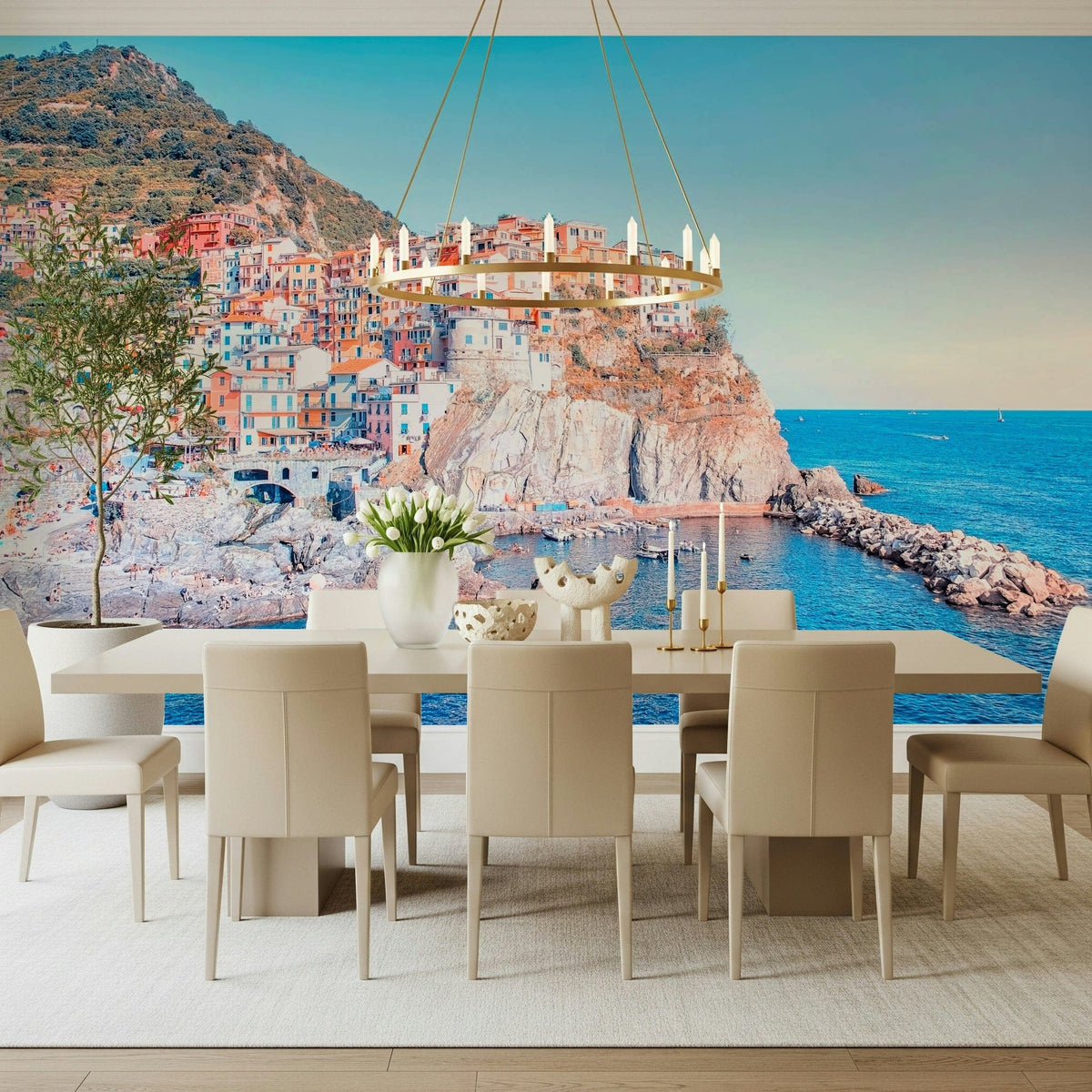 Mediterranean Italian Village wallpaper for walls with rocky shores., GD7500
