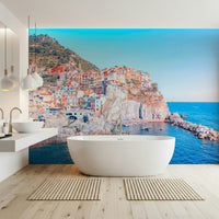 Picturesque Italian Village peel and stick wallpaper ocean vista.