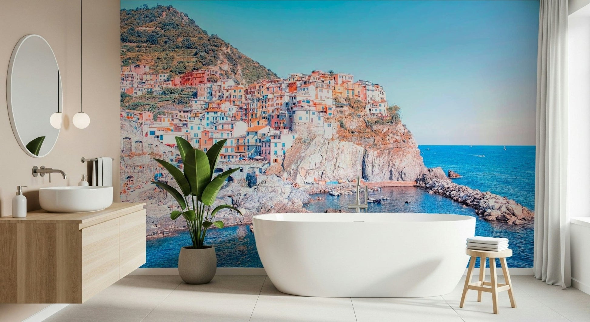 Sun-drenched Italian Village wallpaper mural for bright living rooms.