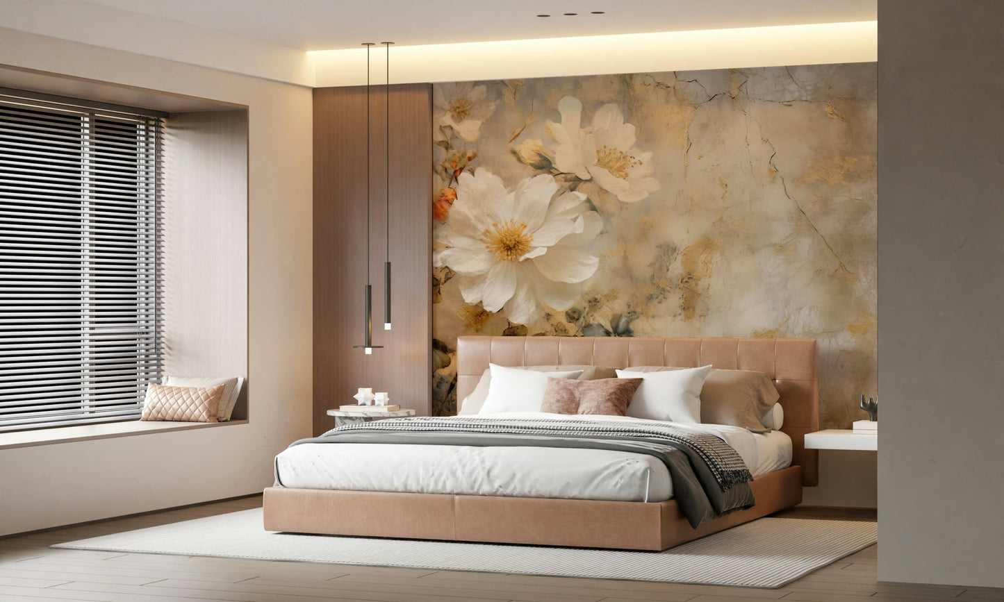 An artistic delicate bloom mural on minimalist wallpaper.