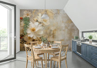 A graceful subtle bloom wall mural in soft, ivory tones.