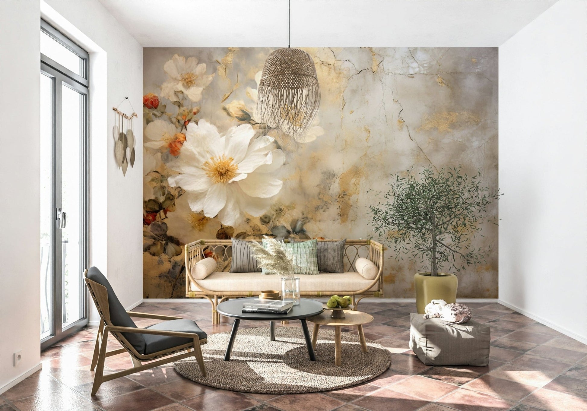 A beautiful modern art wall mural of delicate flowers.