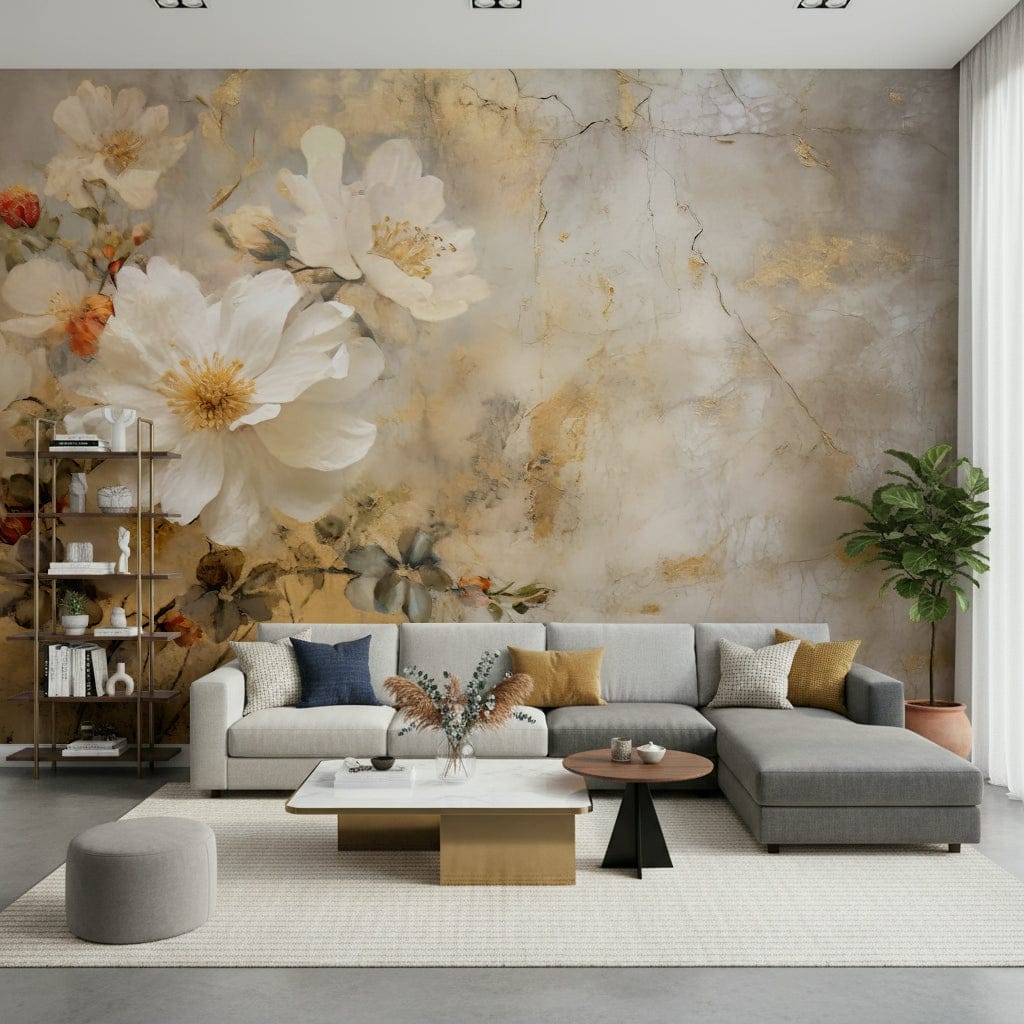 A contemplative floral pattern wallpaper mural for a feature wall.