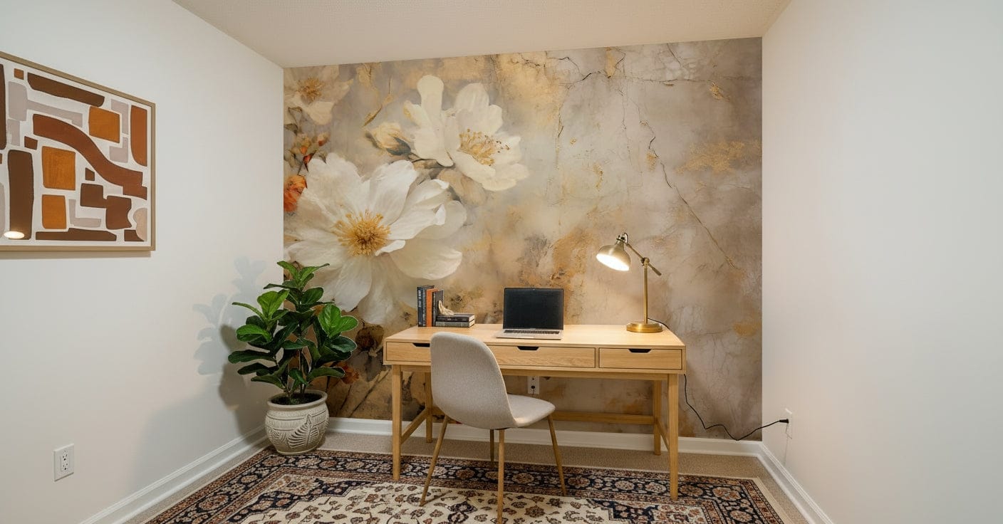 A calming floral design wallpaper mural that defines a space.