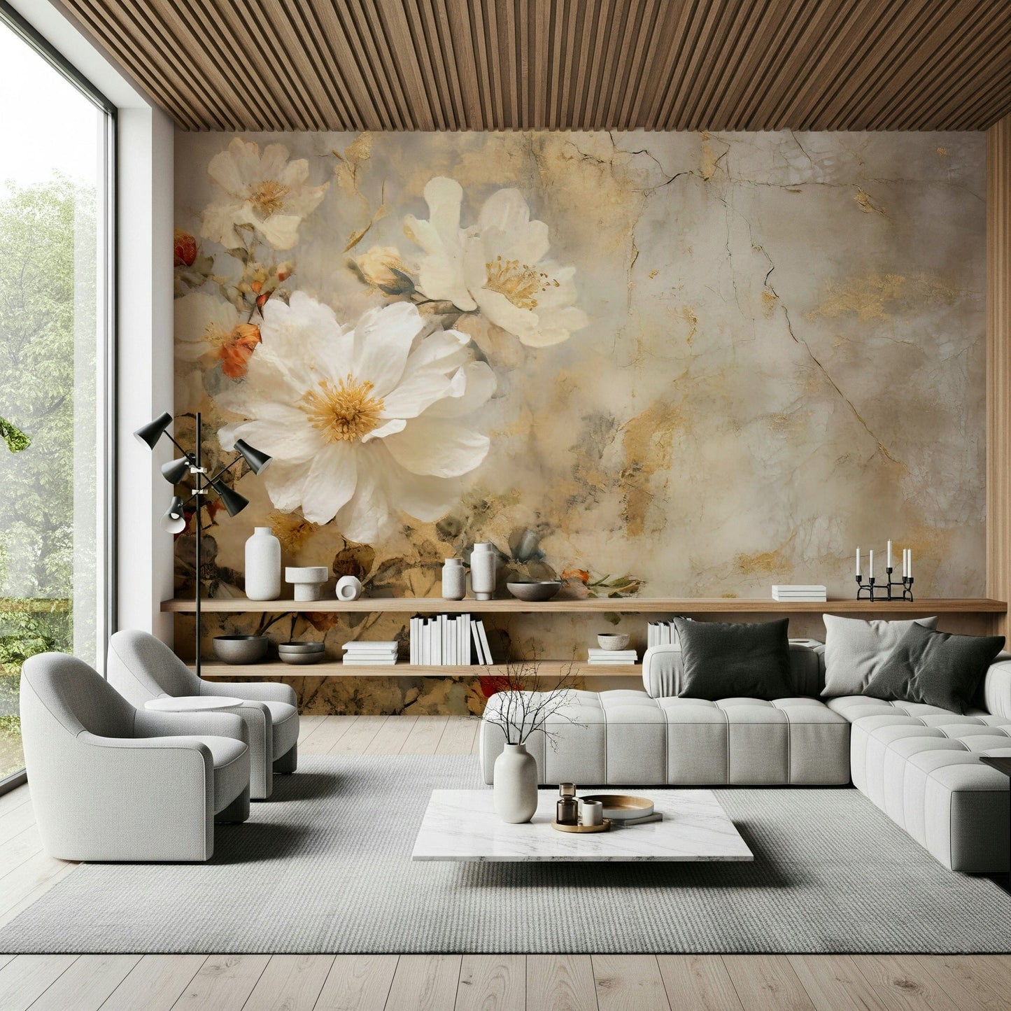 A peaceful flower design mural on decorative wallpaper.