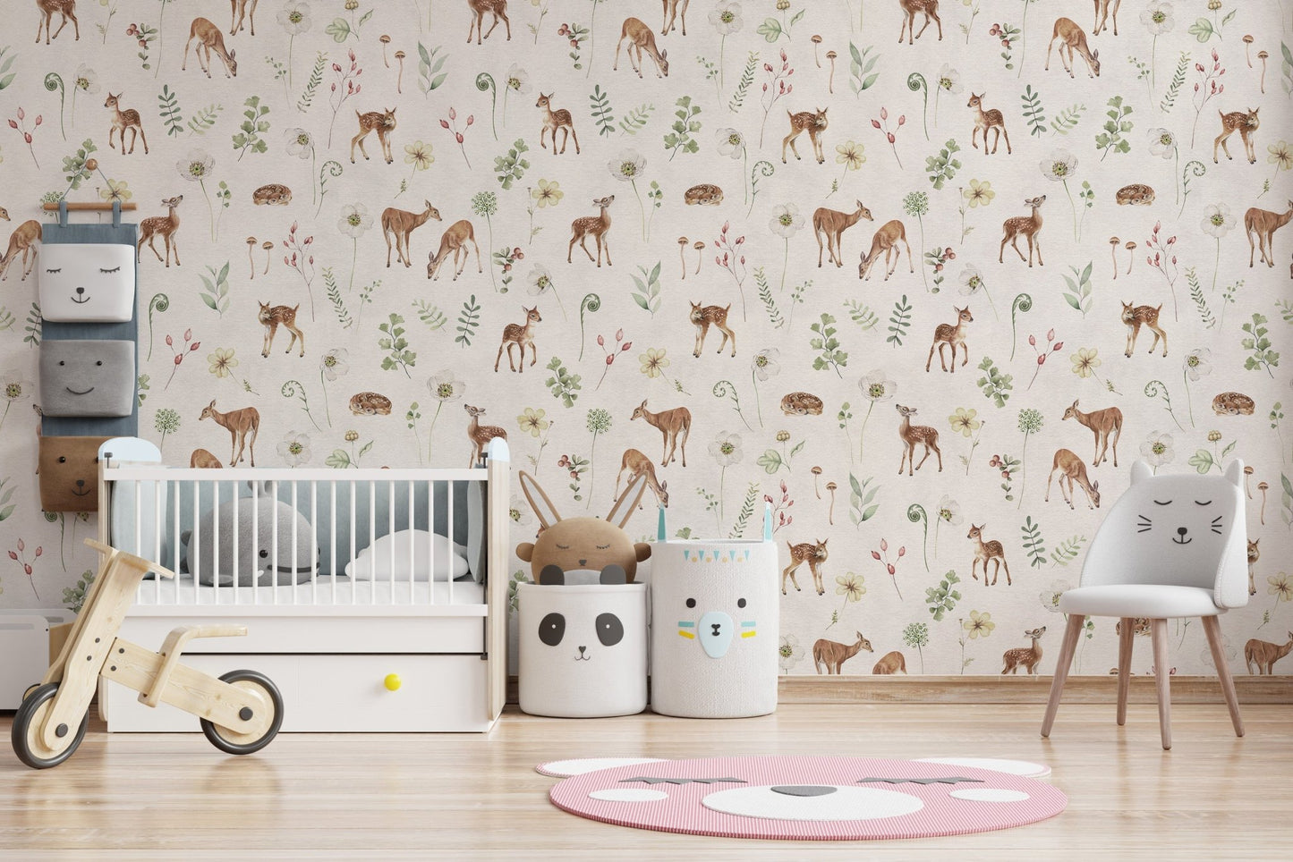 Forest deer wallpaper with floral details
