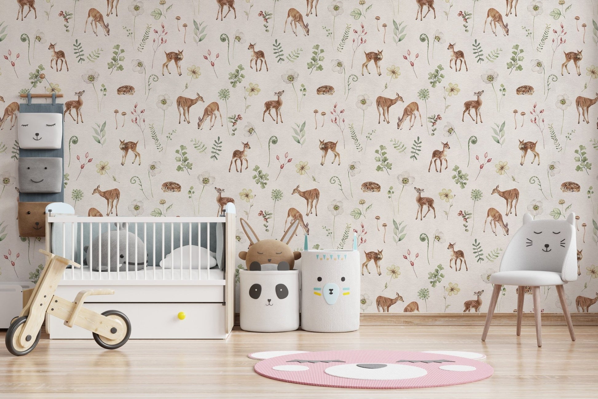 Forest deer wallpaper with floral details
