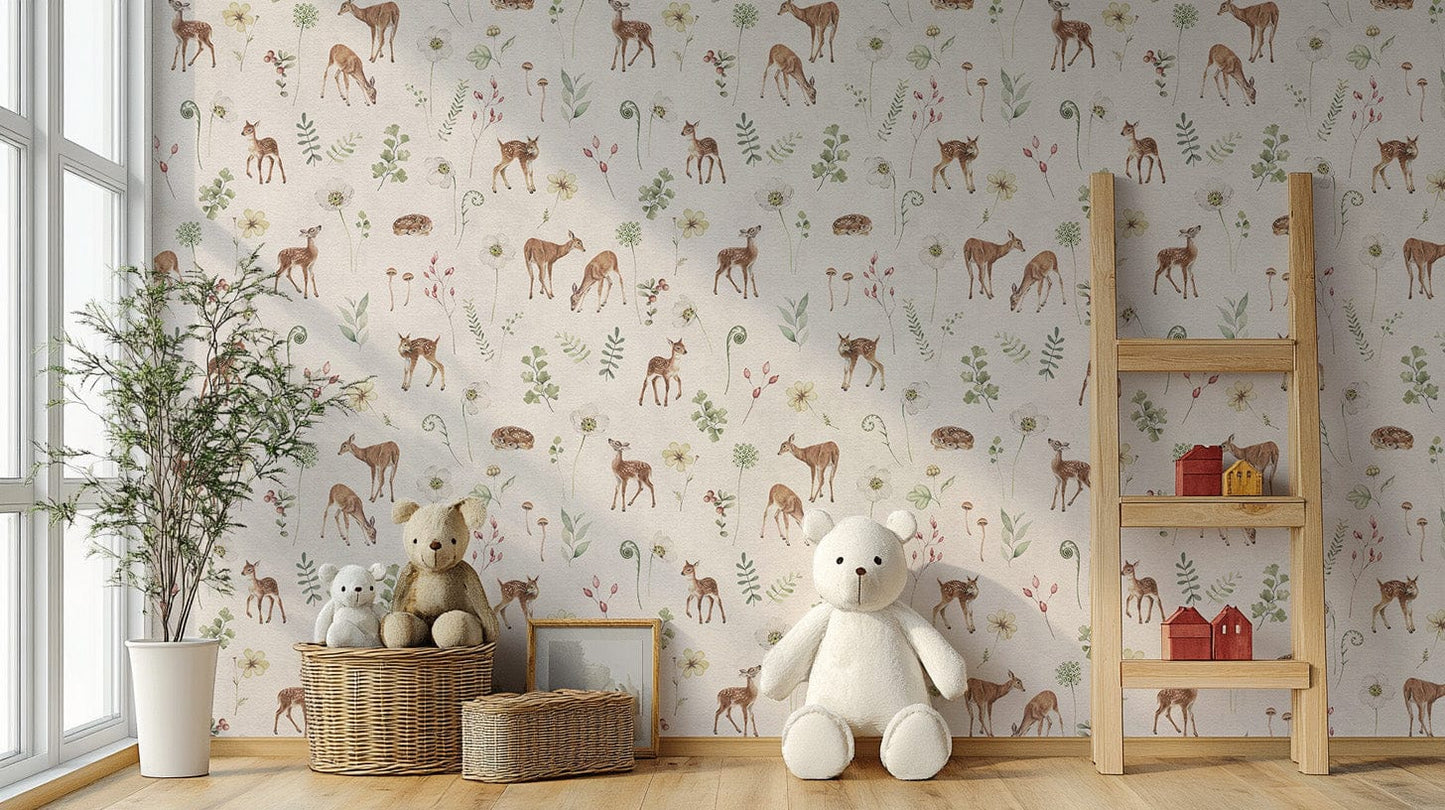 Neutral woodland wallpaper with deer
