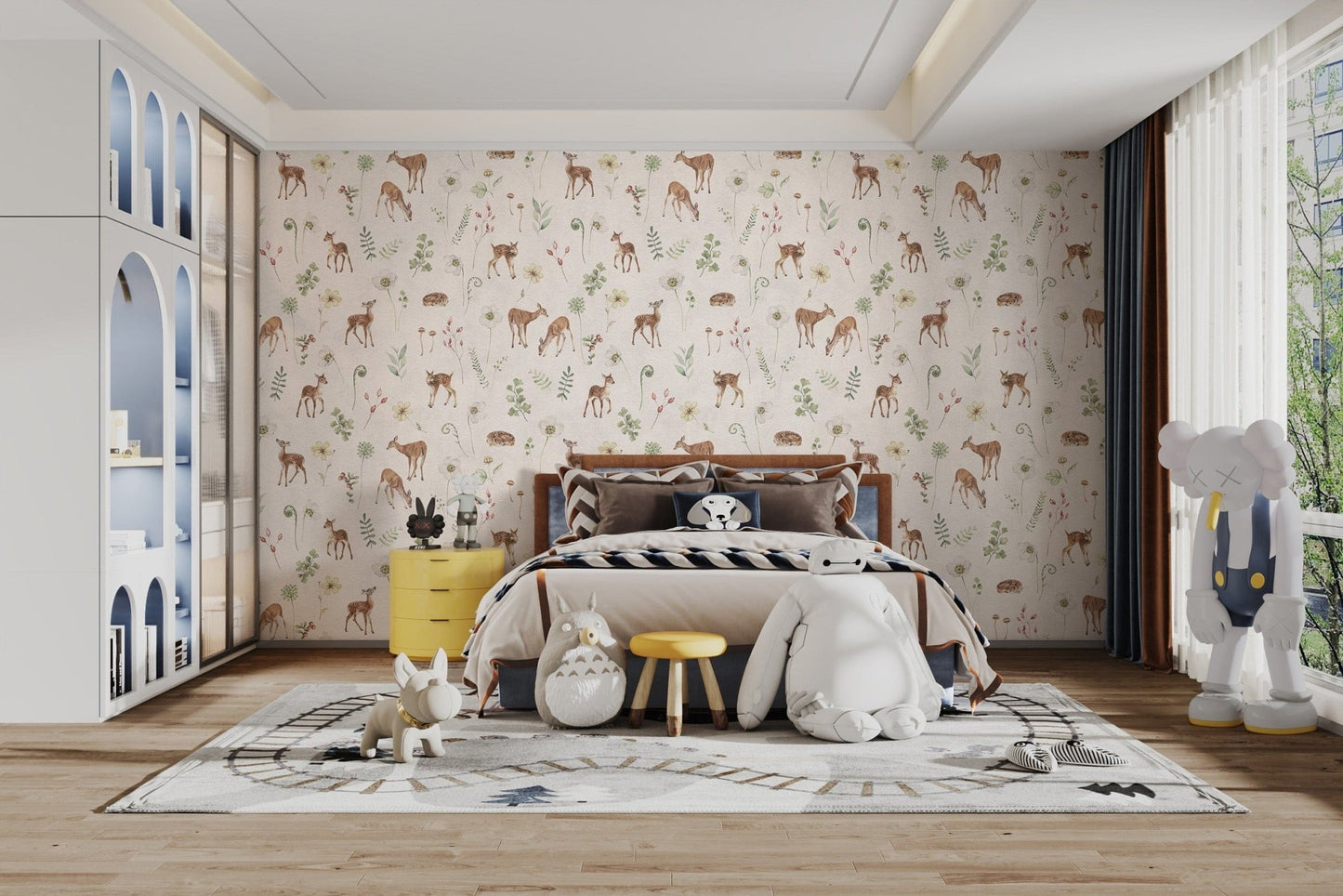 Storybook-style deer wallpaper mural
