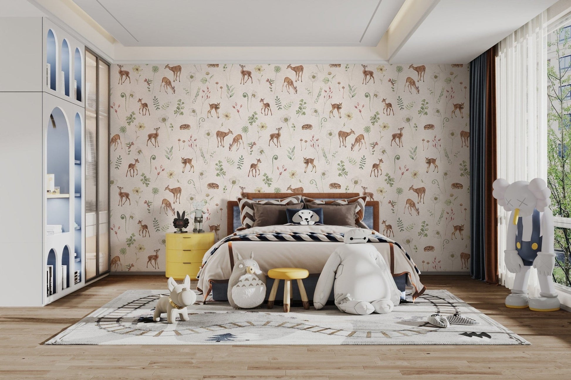 Storybook-style deer wallpaper mural
