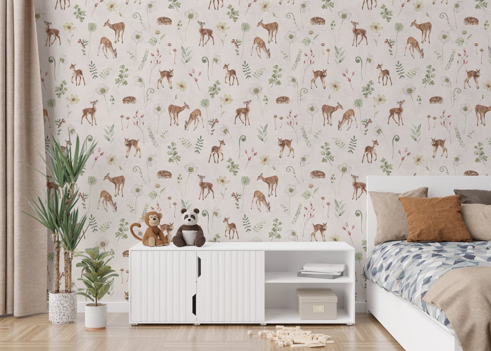 Delicate deer and wildflower wallpaper
