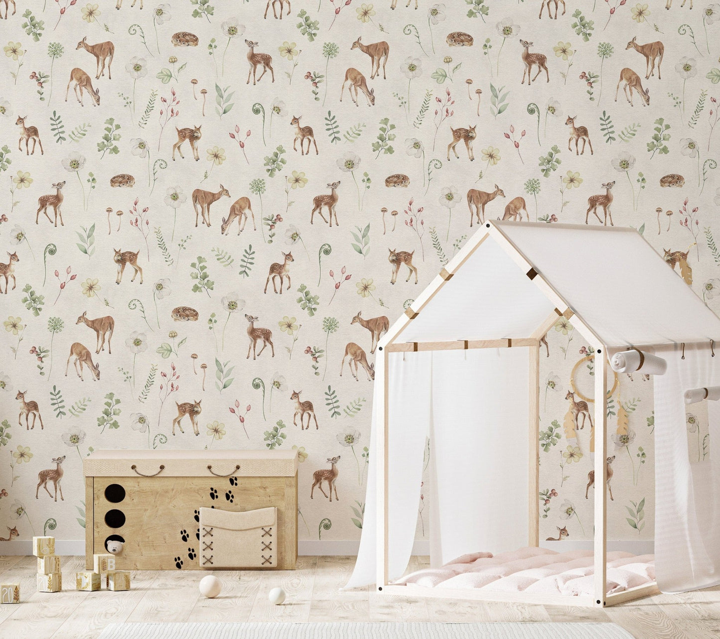 Cozy ivory forest wallpaper with deer

