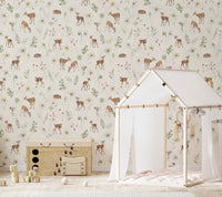 Cozy ivory forest wallpaper with deer
