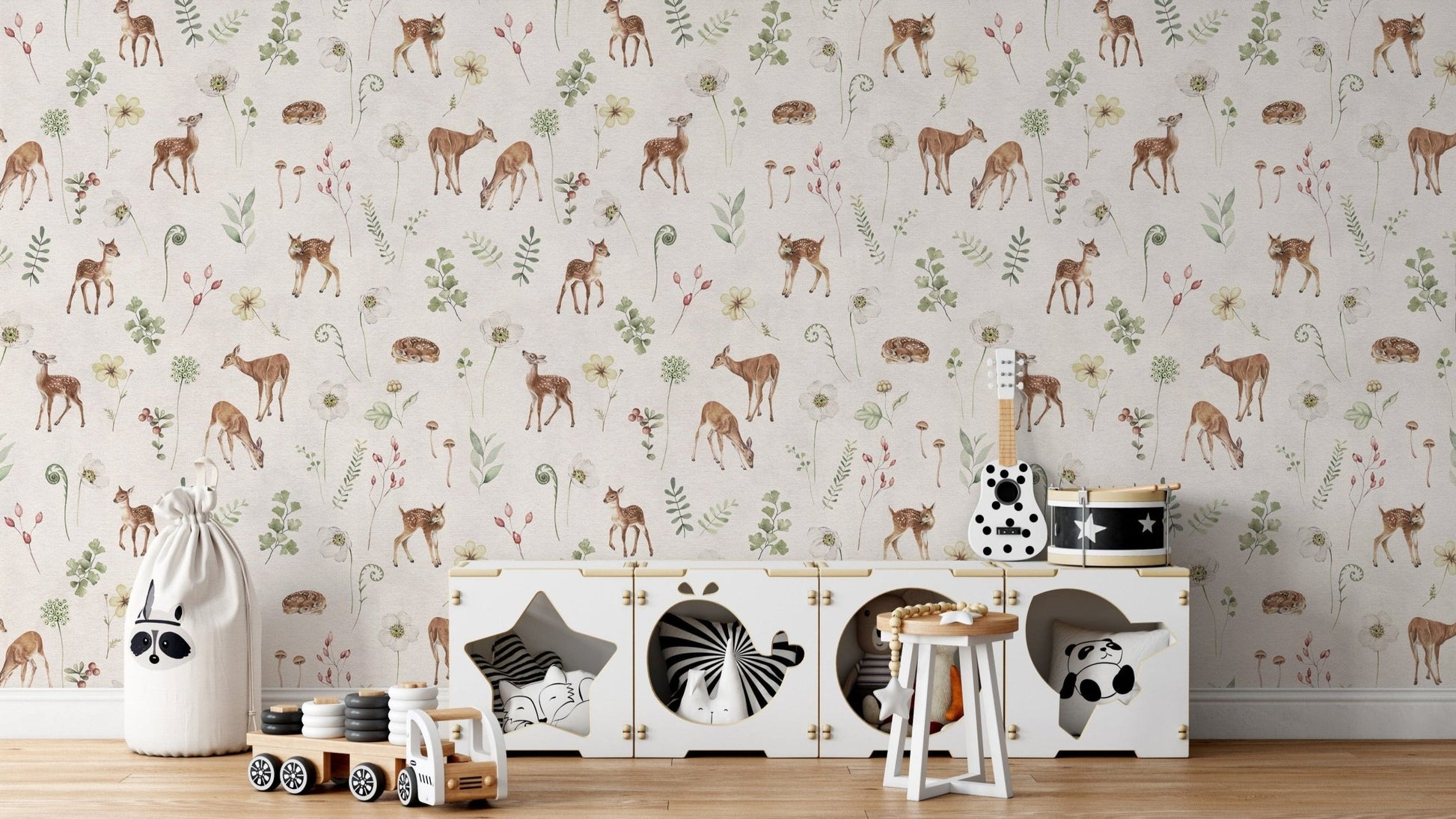 Ivory woodland deer wallpaper mural
