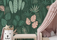 Contemporary Jade Green Abstract Leaves Mural
