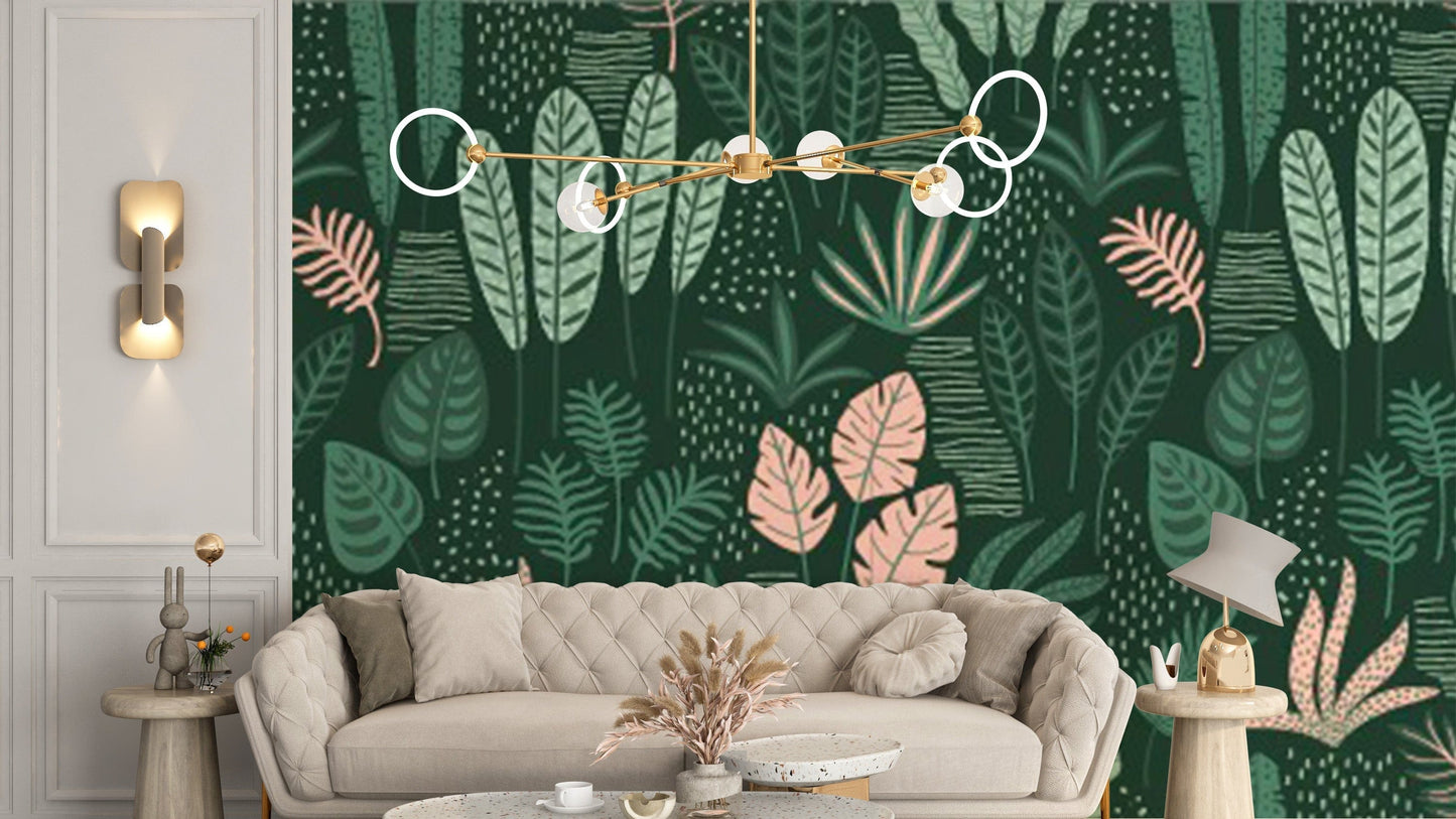 Elegant Jade Green Abstract Leaf Mural

