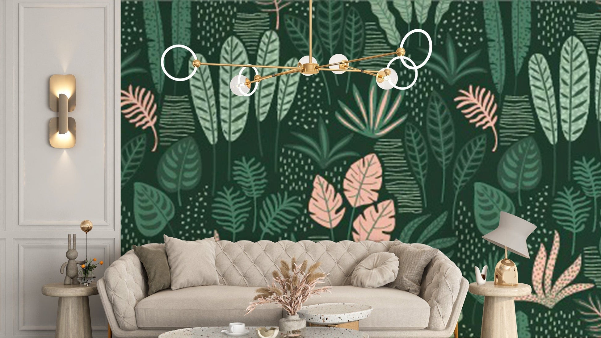 Elegant Jade Green Abstract Leaf Mural
