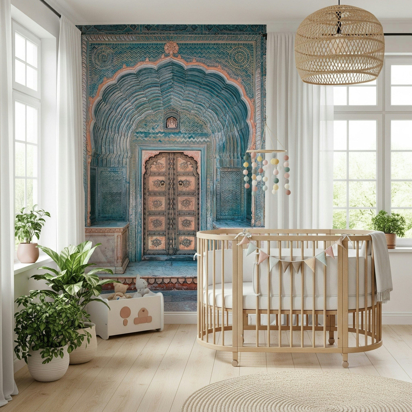 Jaipur Archway blue wave pattern mural wallpaper.