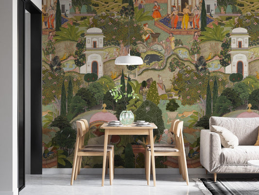 Hallway styled in Jaipur Garden wallpaper with artwork