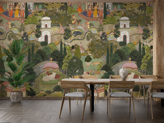Dining room with Jaipur Garden wallpaper heritage scene