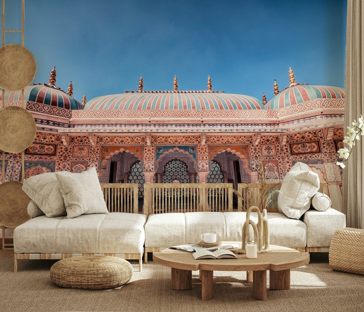 Modern lounge finished with Jaipur Jewel Wall Mural and ornate palace view