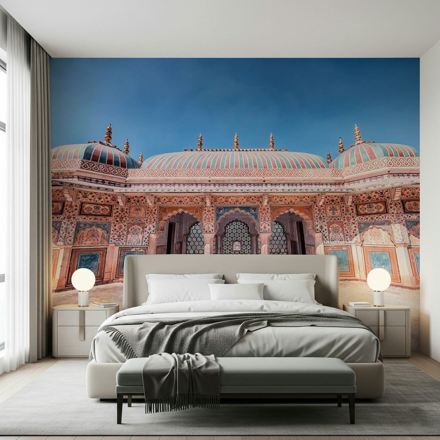 Bedroom styled with Jaipur Jewel Wall Mural and striped domes above carved arches