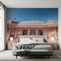 Bedroom styled with Jaipur Jewel Wall Mural and striped domes above carved arches