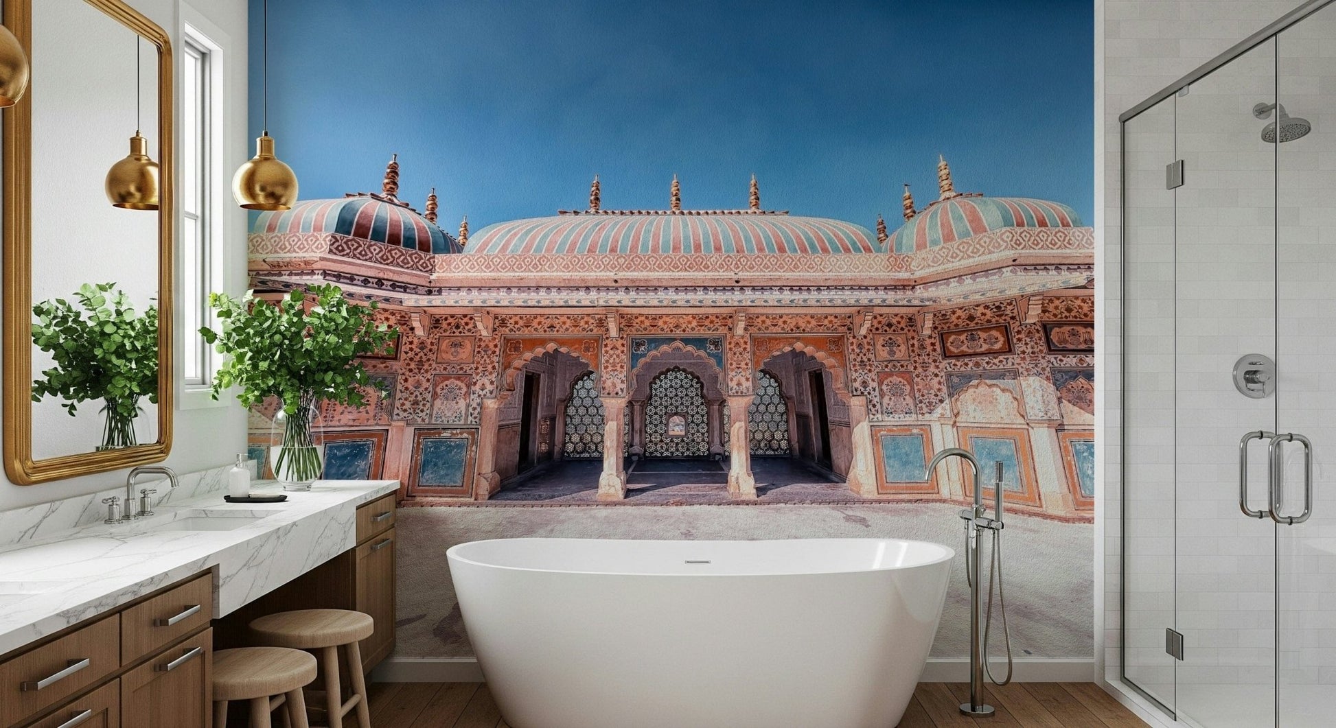 Jaipur Jewel Wall Mural adds palace grandeur to a bright bathroom backdrop