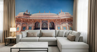 Jaipur Jewel Wall Mural adds regal facade charm behind a modern sofa setting