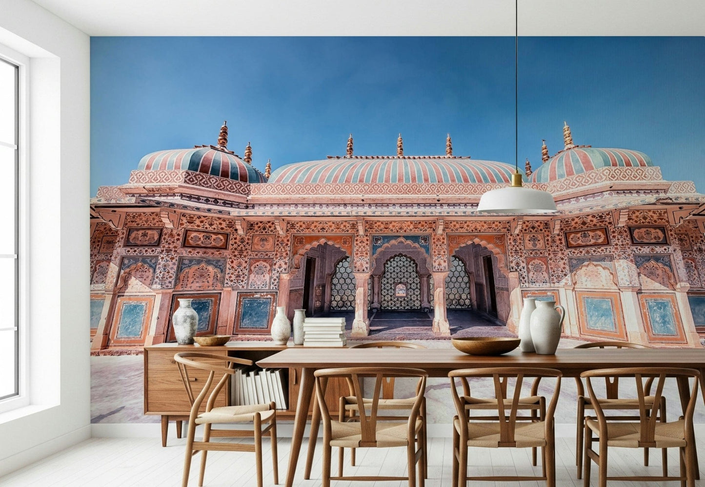 Dining space framed by Jaipur Jewel Wall Mural and painted palace symmetry