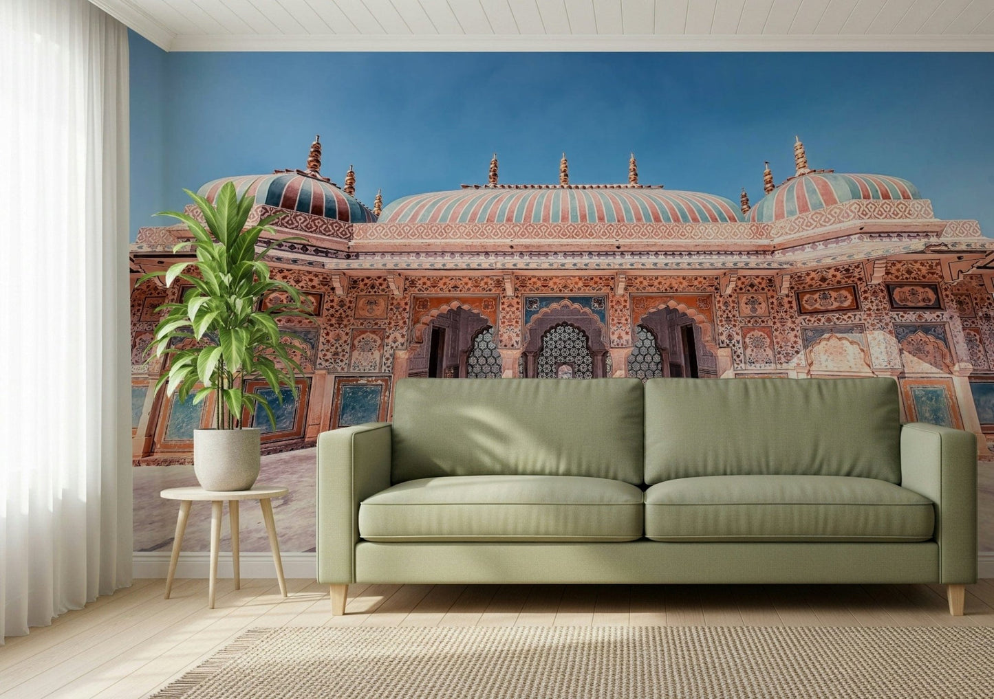 Jaipur Jewel Wall Mural brightens a sofa wall with carved facade detail