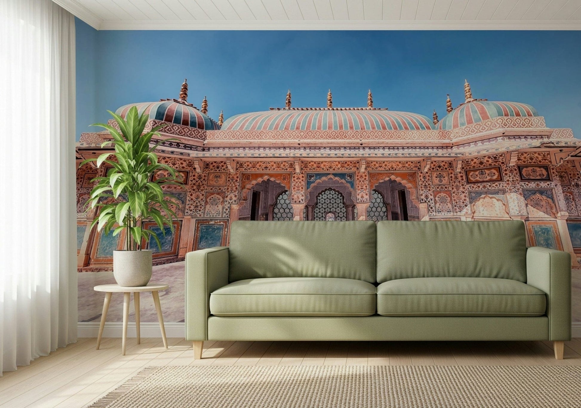 Jaipur Jewel Wall Mural brightens a sofa wall with carved facade detail