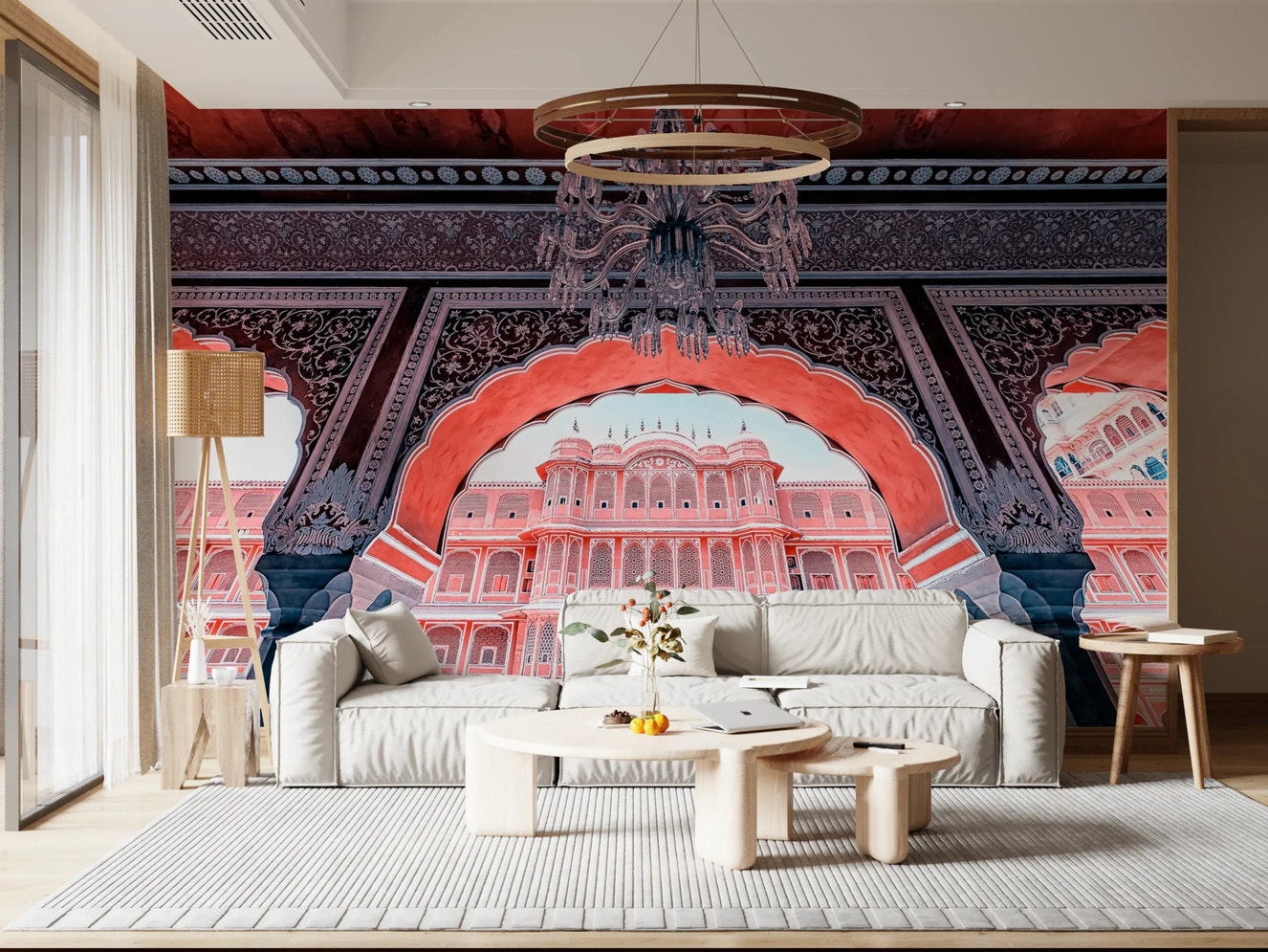 Ornate arched balcony wallpaper with a hanging crystal chandelier in a grand hall.
