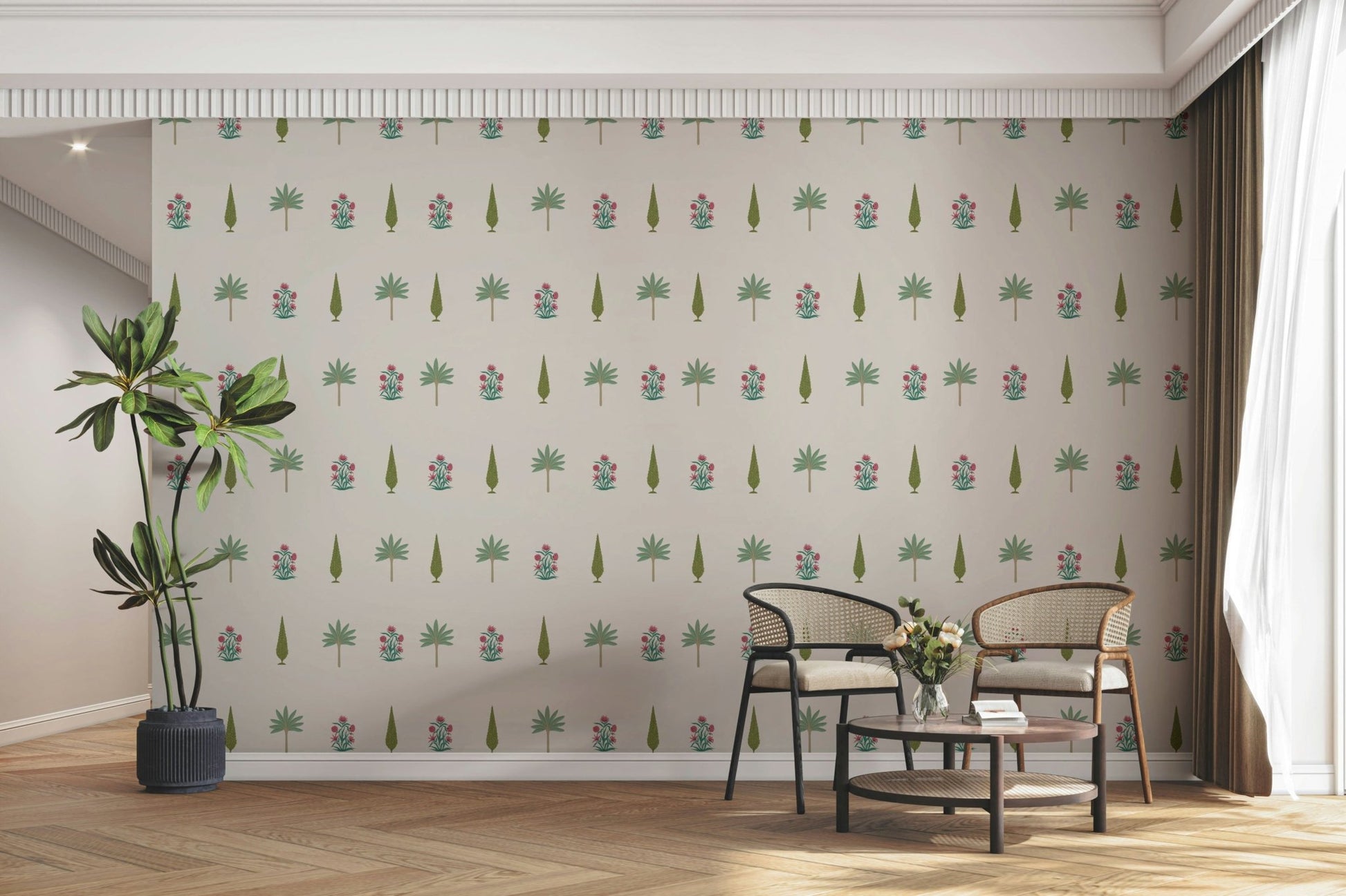 A peaceful wall mural with an elegant, culturally-inspired design.

