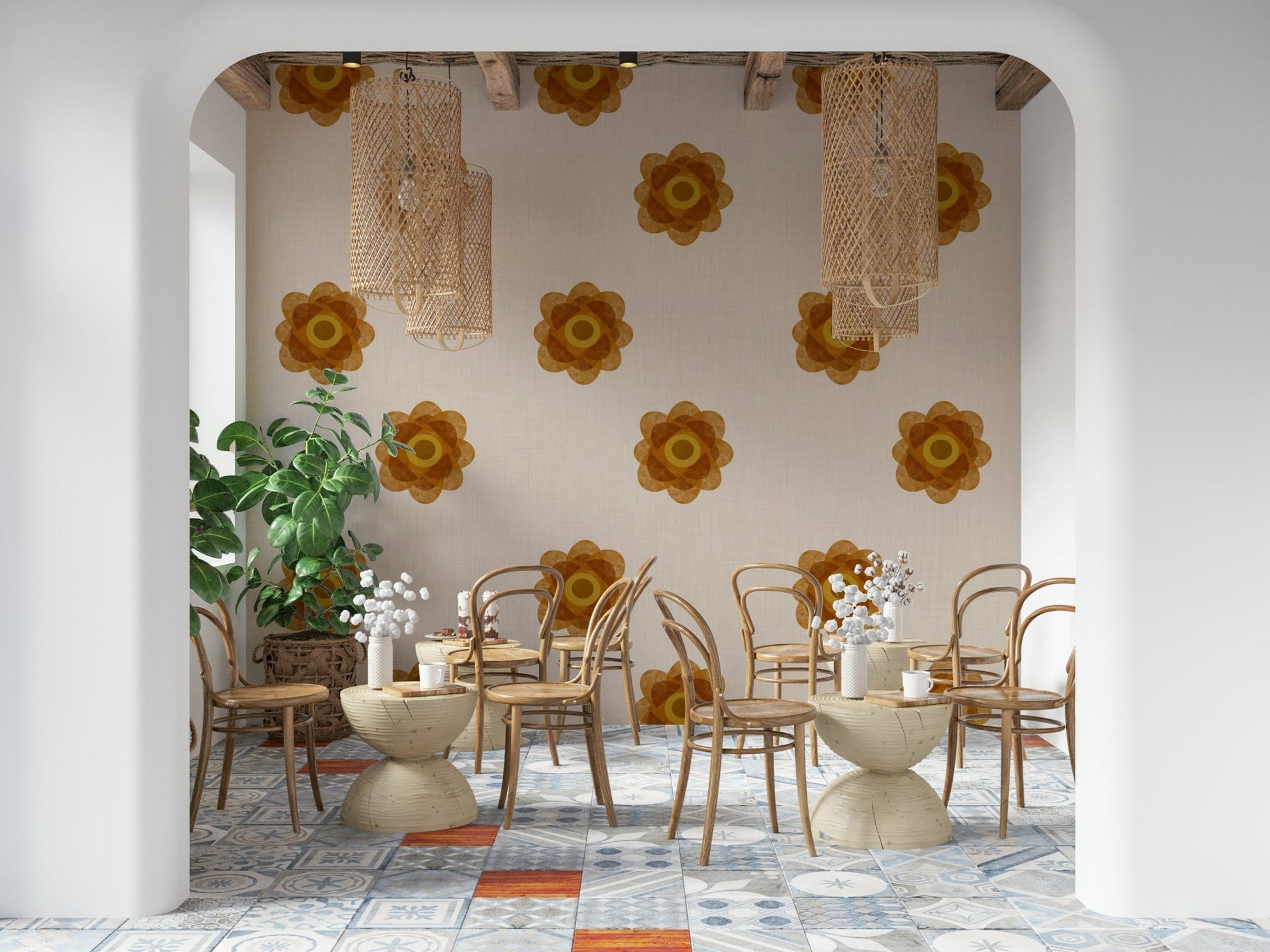 Japandi Bloom - Soft Linen Minimal Orange Floral Wallpaper⁠