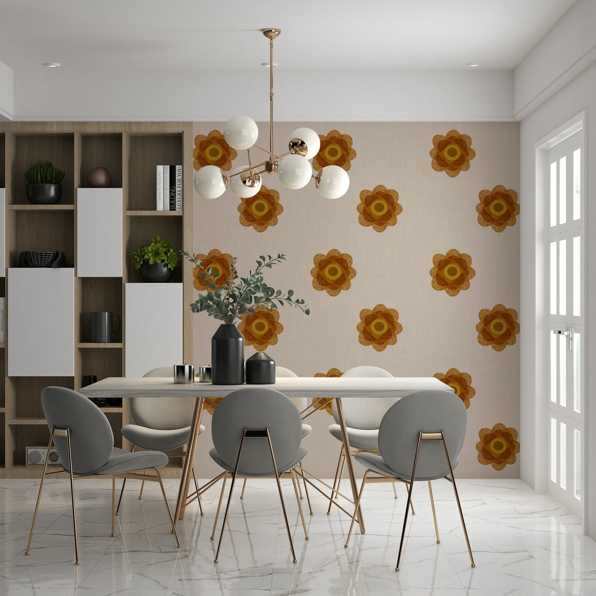 Japandi Bloom - Soft Linen Minimal Orange Floral Wallpaper⁠