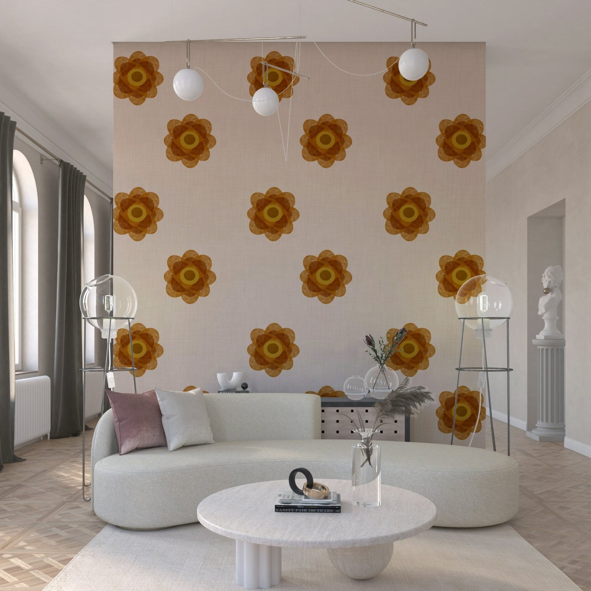 Soft Linen Minimal Orange Floral Wallpaper tactile fabric GD5418
